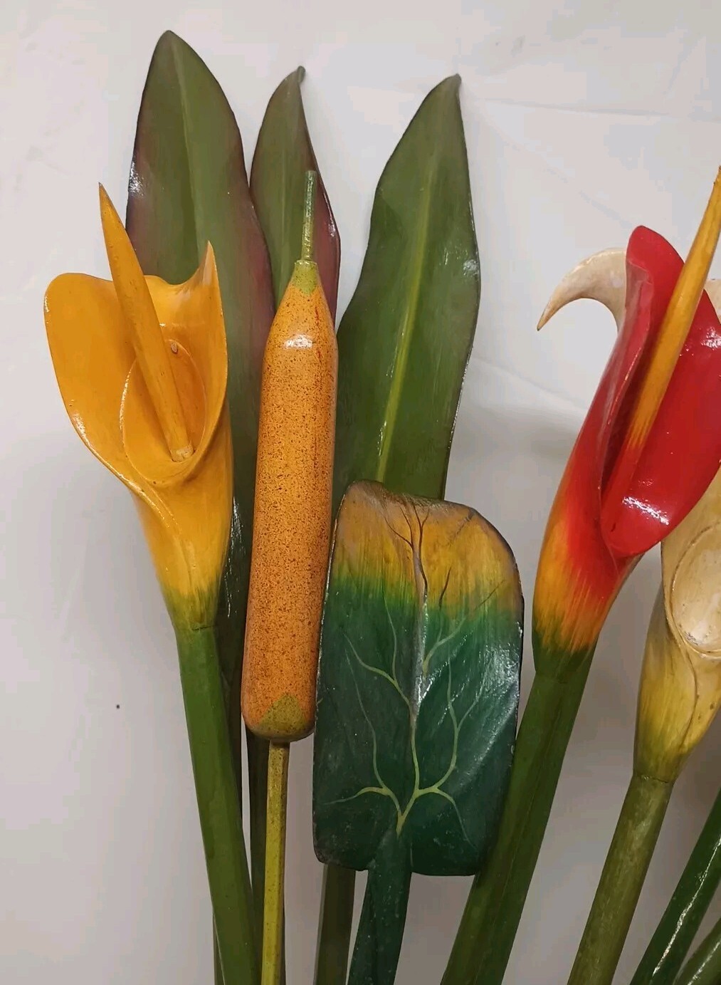 VTG Wood Tropical Flowers Long Stem 36″ Leaves Lot Of 13 Wooden Painted Carved