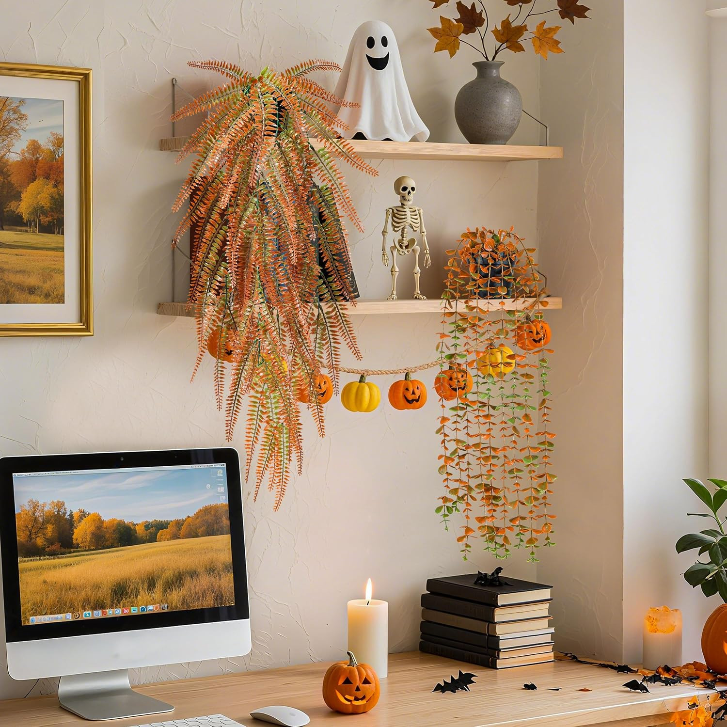 2Pcs Fake Fall Hanging Plants for Home Bathroom Wall Outdoor Decor | Orange Euca