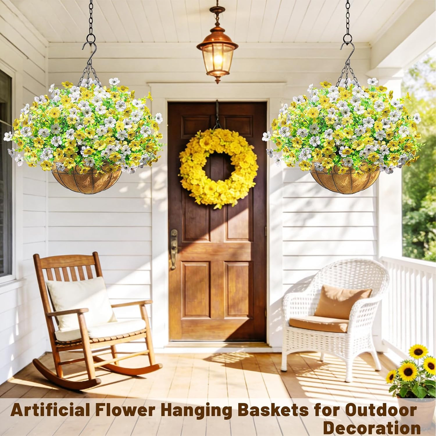 2 Pack UV Resistant Faux Hanging Flower Baskets for Outdoor Decor (Yellow White)