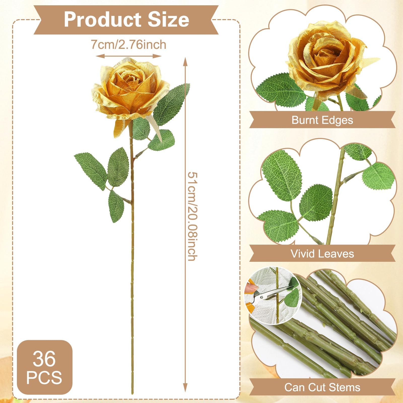 Hoemwarm 36 Pcs Gold Artificial Roses with Long Stems, Fake Silk Rose Artific…