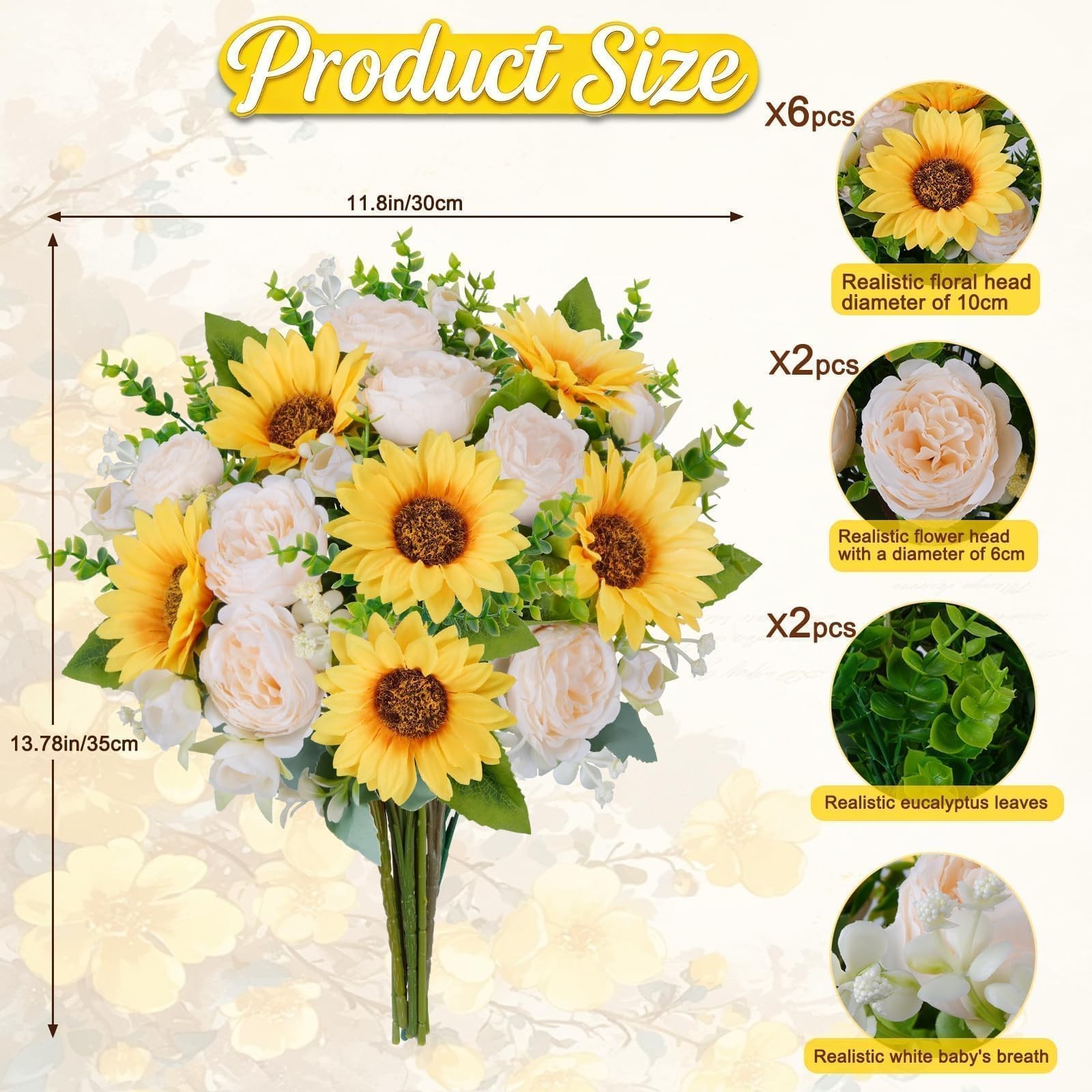 10 PCS Sunflowers Artificial Flowers Silk Mixed Faux Peonies Bouquet Grave
