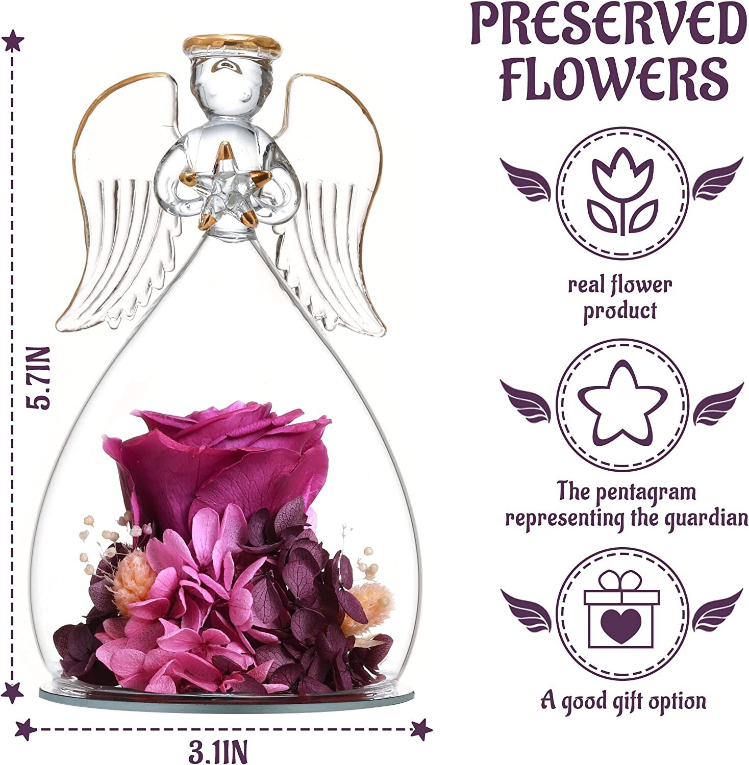 Preserved Purple Rose Christmas Birthday Gift Glass Angel For Women Wife Mom