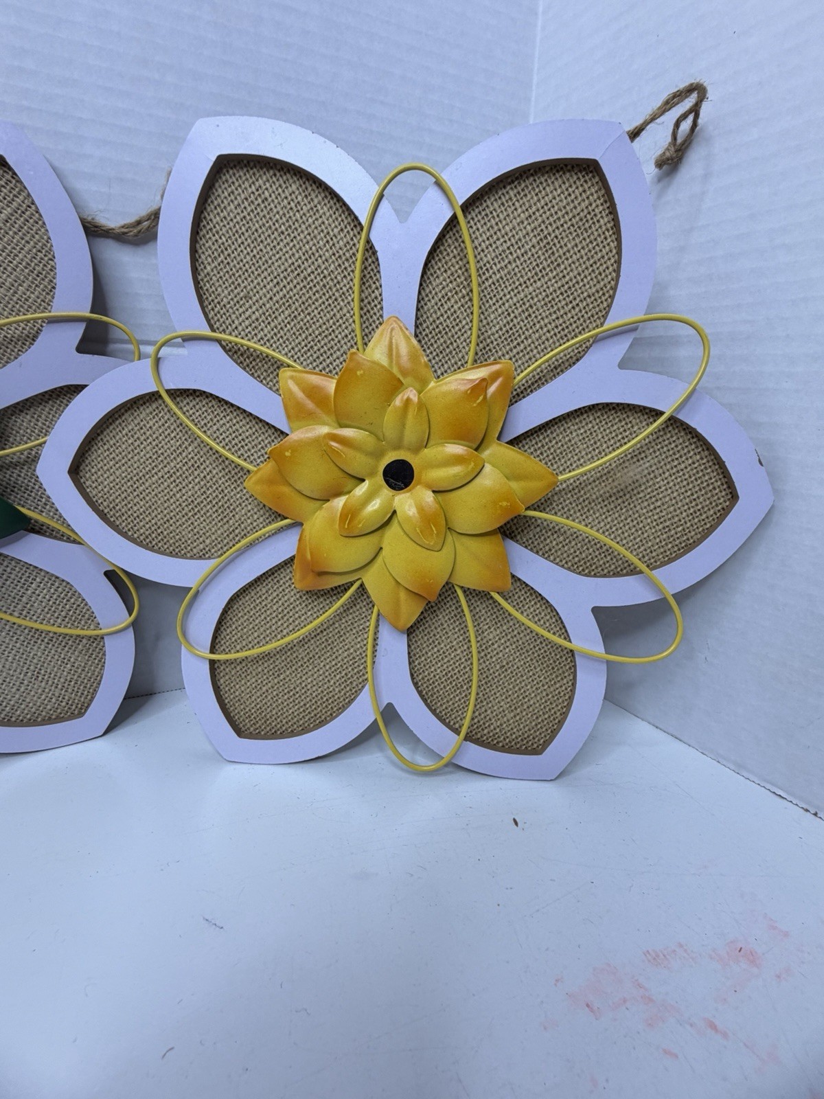 3 Wood Burlap & Metal 3D Flowers Decor Hanging 12” Wall Home Decor Wall Hanger