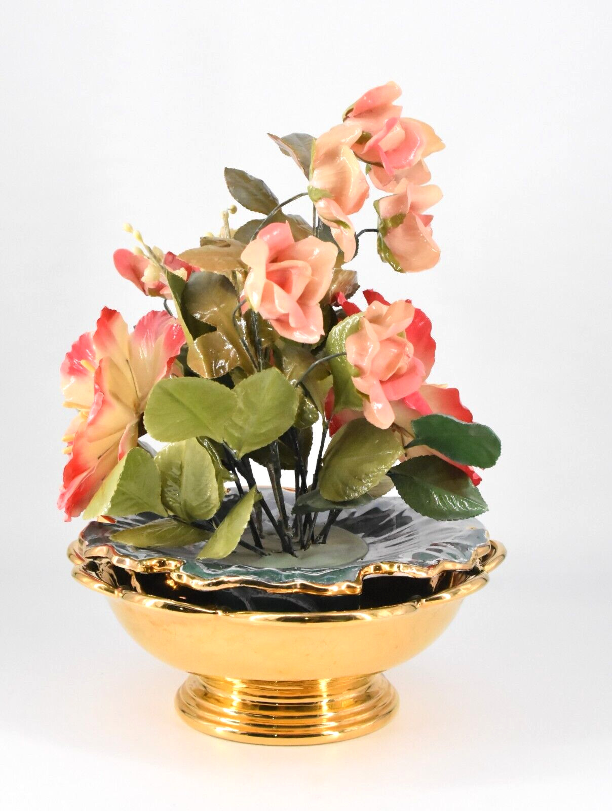 VTG Pink Flower Arrangement Centerpiece Italy Turquoise Gold Ceramic Dish 14″