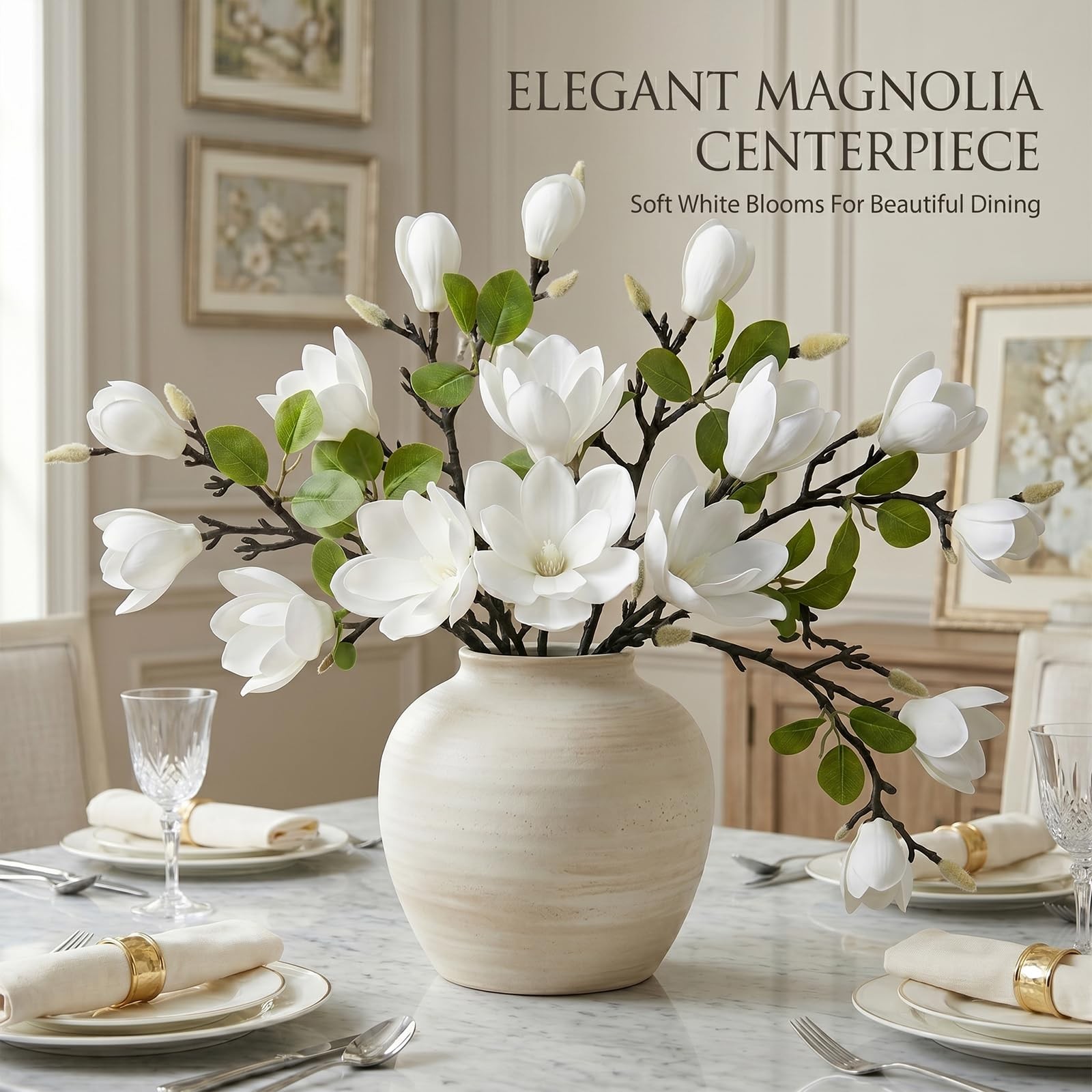 Set of 4 Artificial Magnolia Flowers, 25 Inch White Fake Flowers Branches | R…