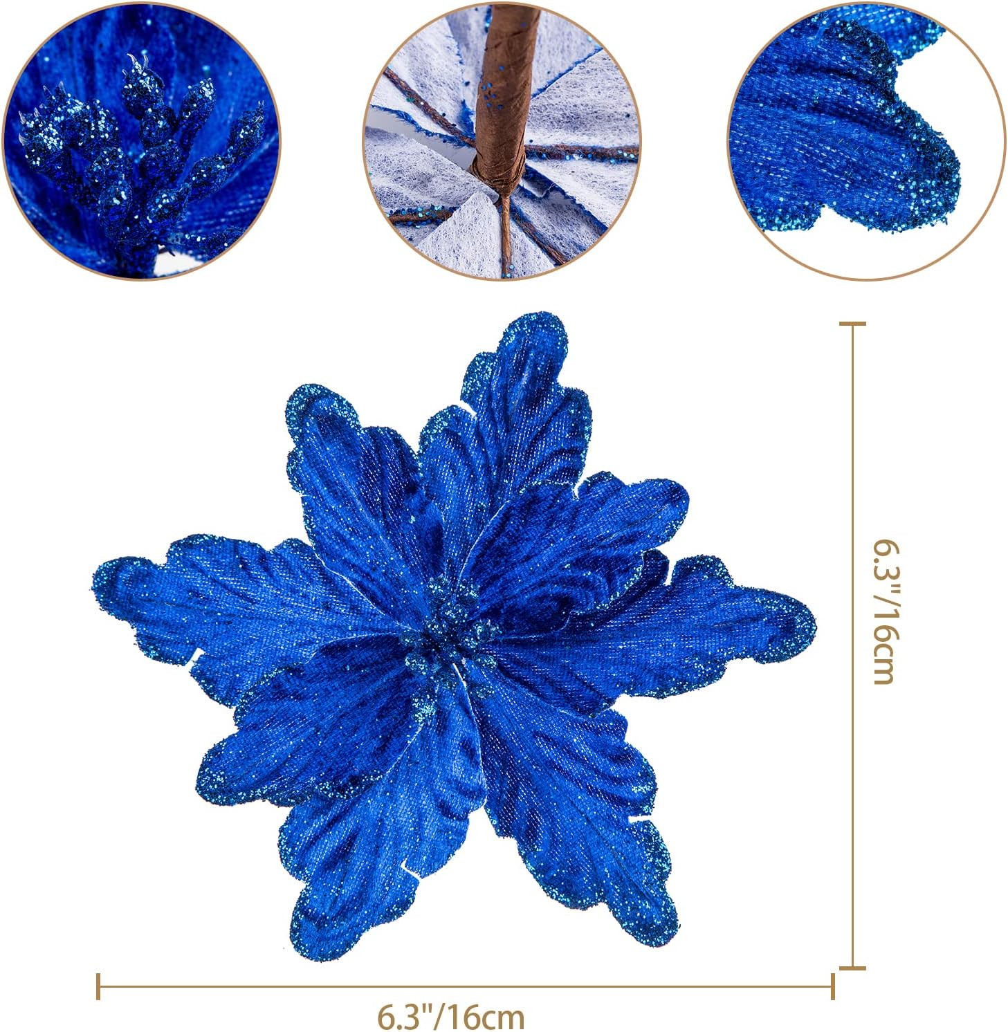 7Pcs Poinsettia Flowers Picks Artificial Glitter Poinsettia Flowers with Stems C