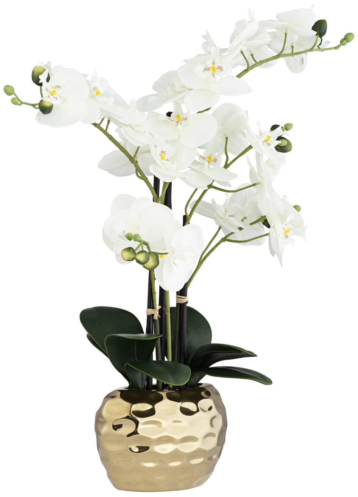 Potted Faux White Phalaenopsis Artificial Flowers in Silver Gold Pot Home Decor