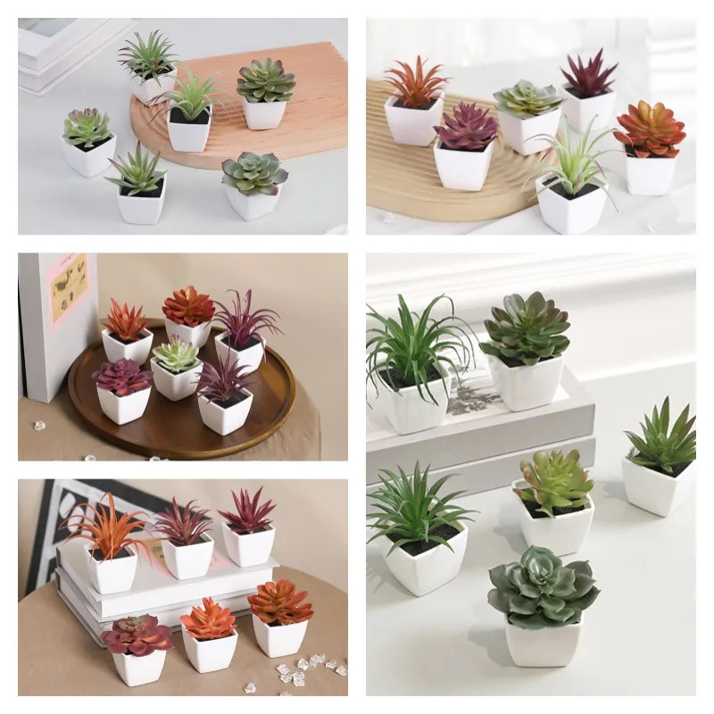 6PCS (SET) Mini Artificial Succulent Green Plant Plastic Wwhite Basin, Home Win