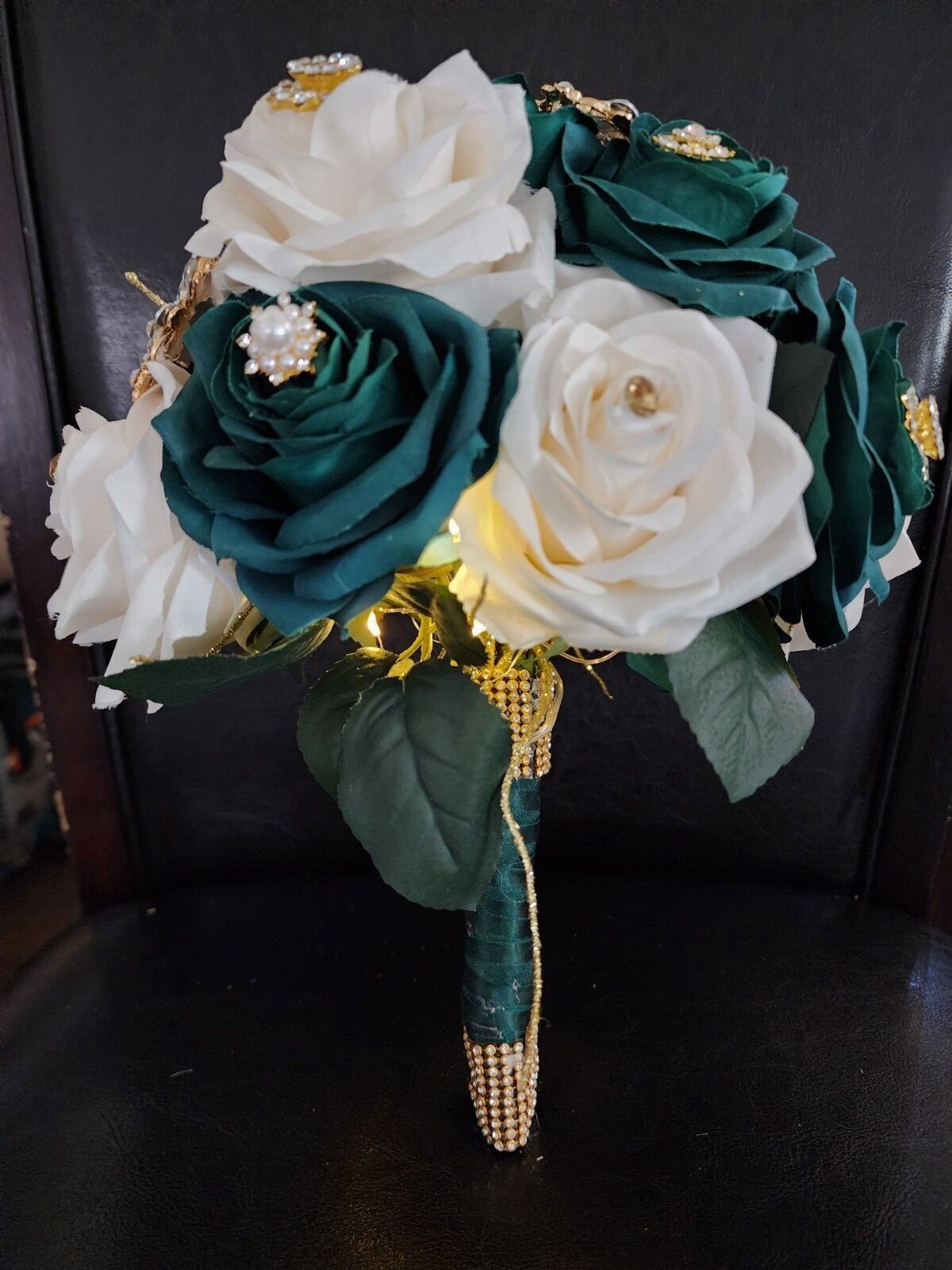 Emeral Green & Ivory Luxury Bouquet with Lights for Quinceneras & Weddings