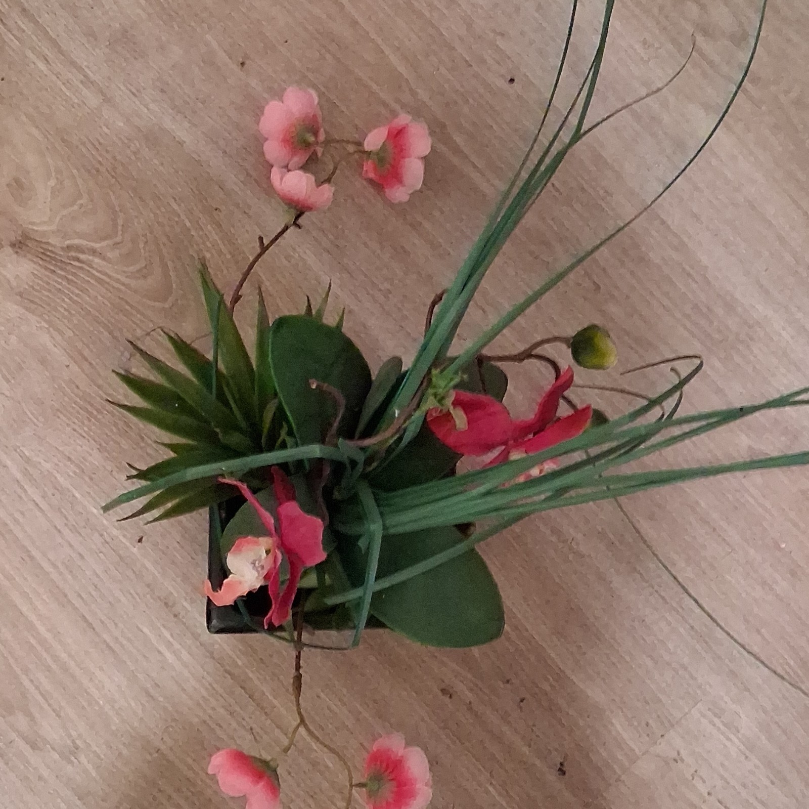 Artificial Pink Orchid Arrangement w/ Greenery Black Square Planter