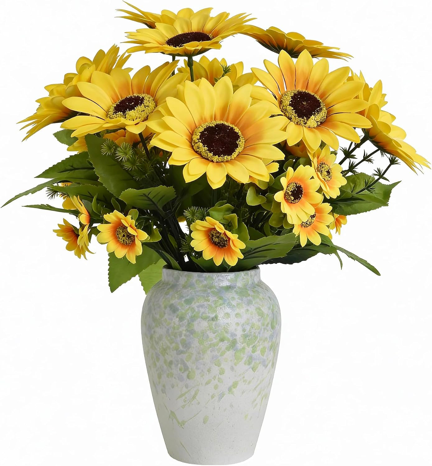 14″ Artificial Sunflowers Arrangement in Green & Blue Speckled Ceramic Vase – Fa