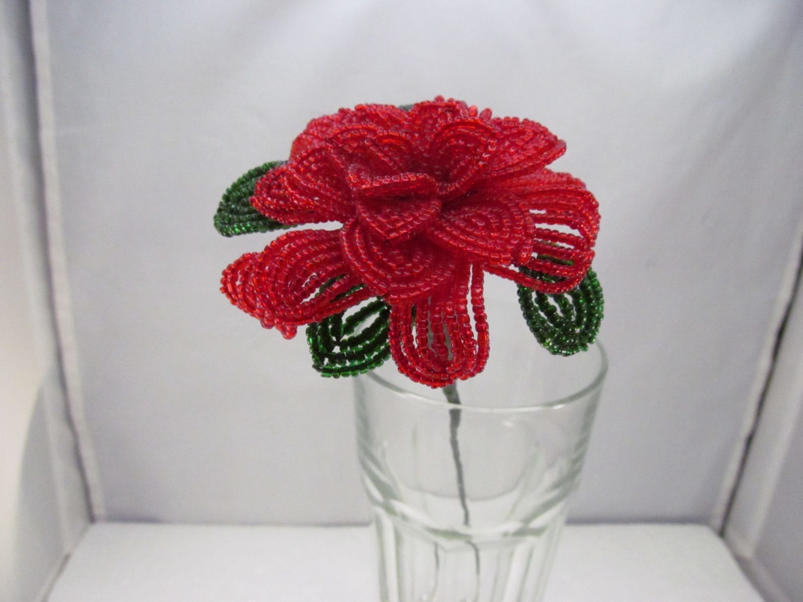 Handcrafted Red & Green French Beaded Flower with Stem Home Decor Gift 11 inch