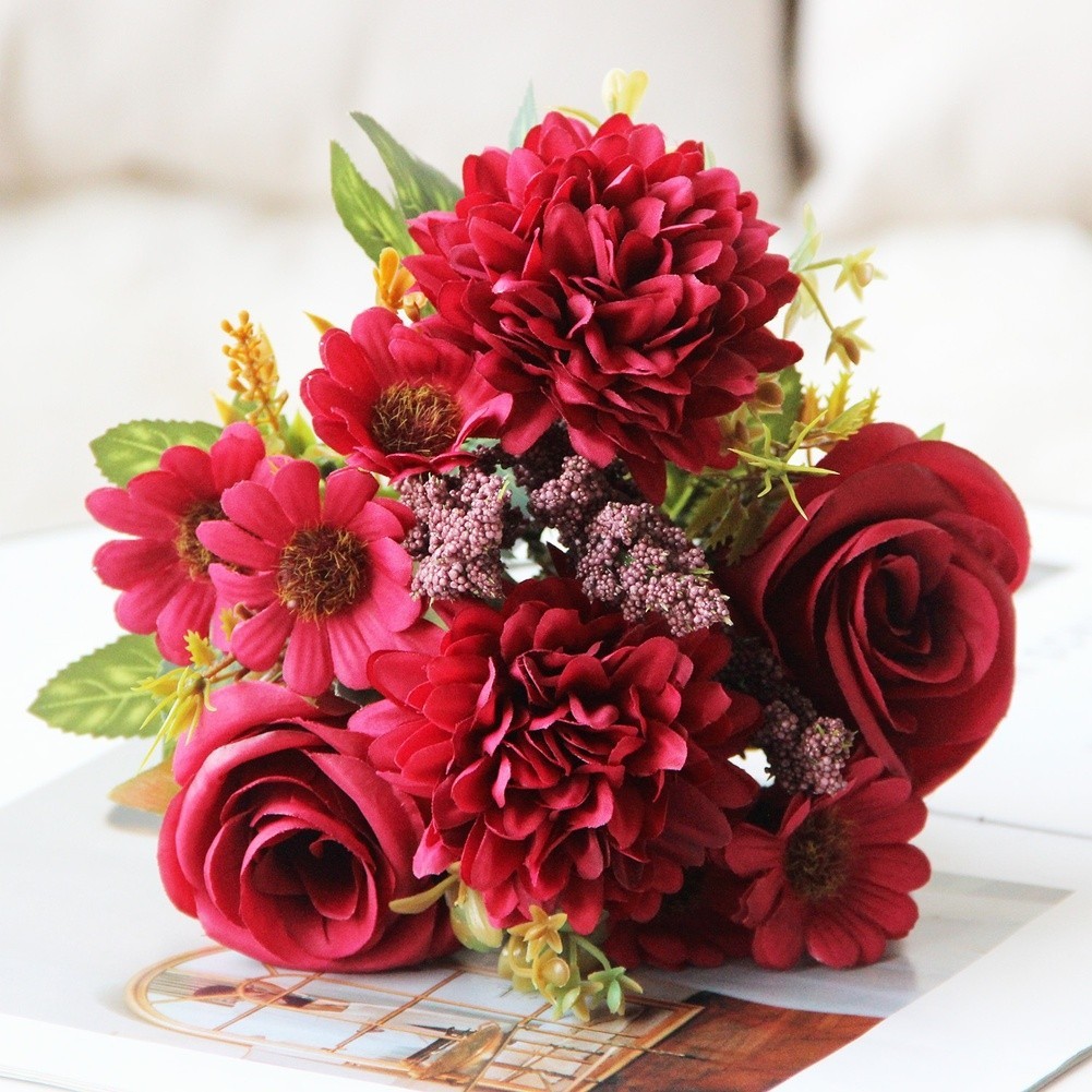 Persian Rose Silk Flower Bouquet 7 Stems for Wedding and Indoor Decoration