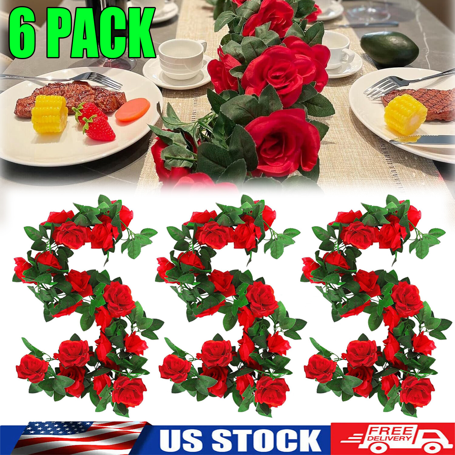 6x Artificial Rose Vine Flower Hanging Plant Wedding Fake Flower Vine Garden USA
