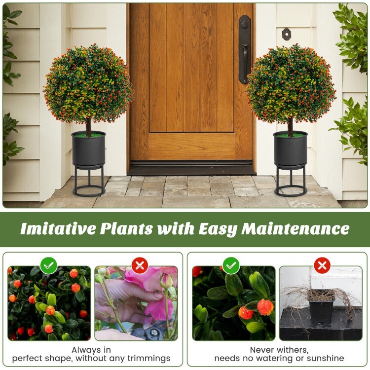 2-Pack Faux Potted Plants Artificial Boxwood Topiary Ball Tree w/Orange Fruits