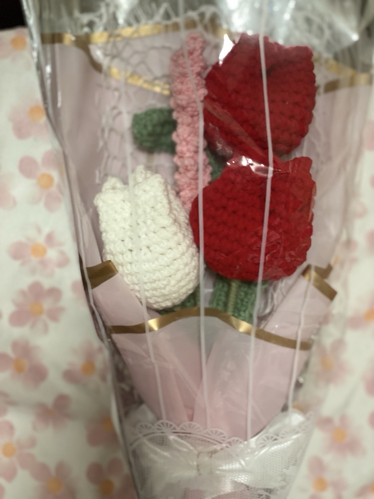 Yarn Rose Flower Bouquet Artificial Red White Pink Green Door Decoration
