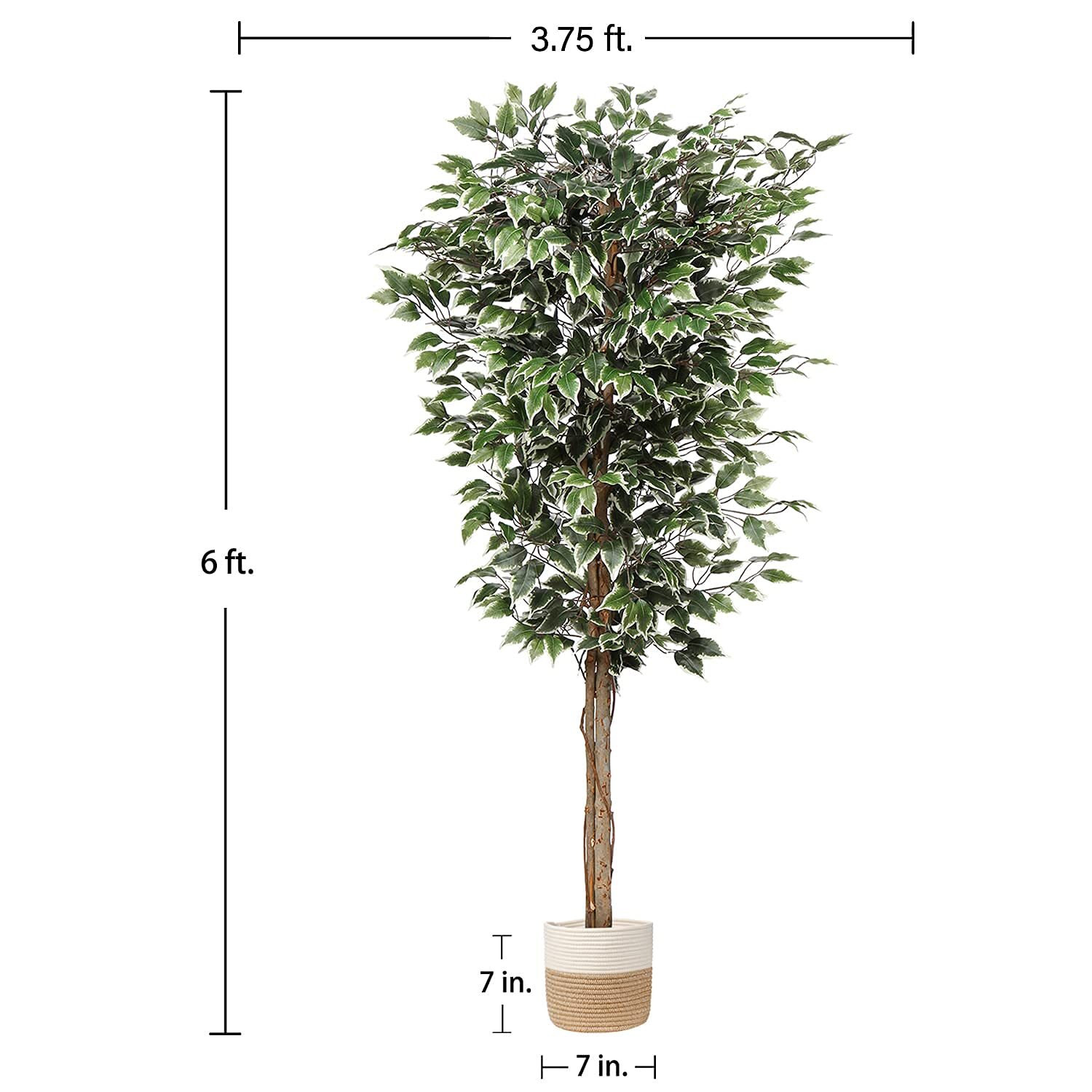 Artificial Ficus Tree 6ft In Cotton Pot Fake Silk With Green White Leaves Natura