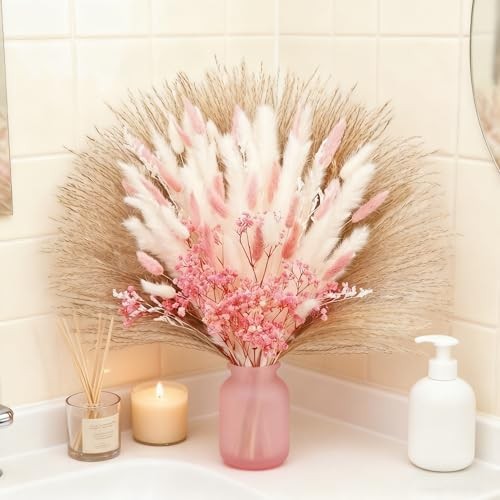 Bunny Tails Dried Flowers Bouquet Nature Colorful Pampas Grass with Baby Pink