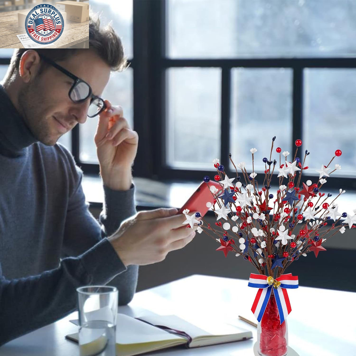 4 Pack Patriotic Artificial Berry Stem Picks White Blue Red Stars for 4Th of Jul