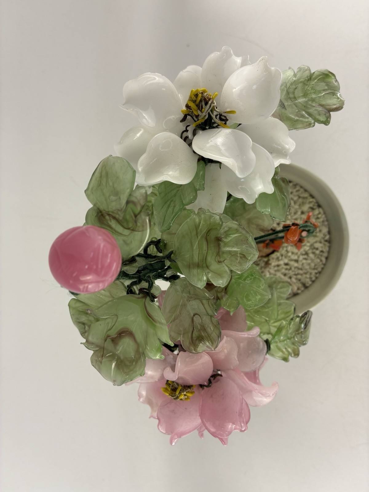 Mid-20th Century Glass Bonsai Flowering Tree ~ Pink & White Flowers 12″