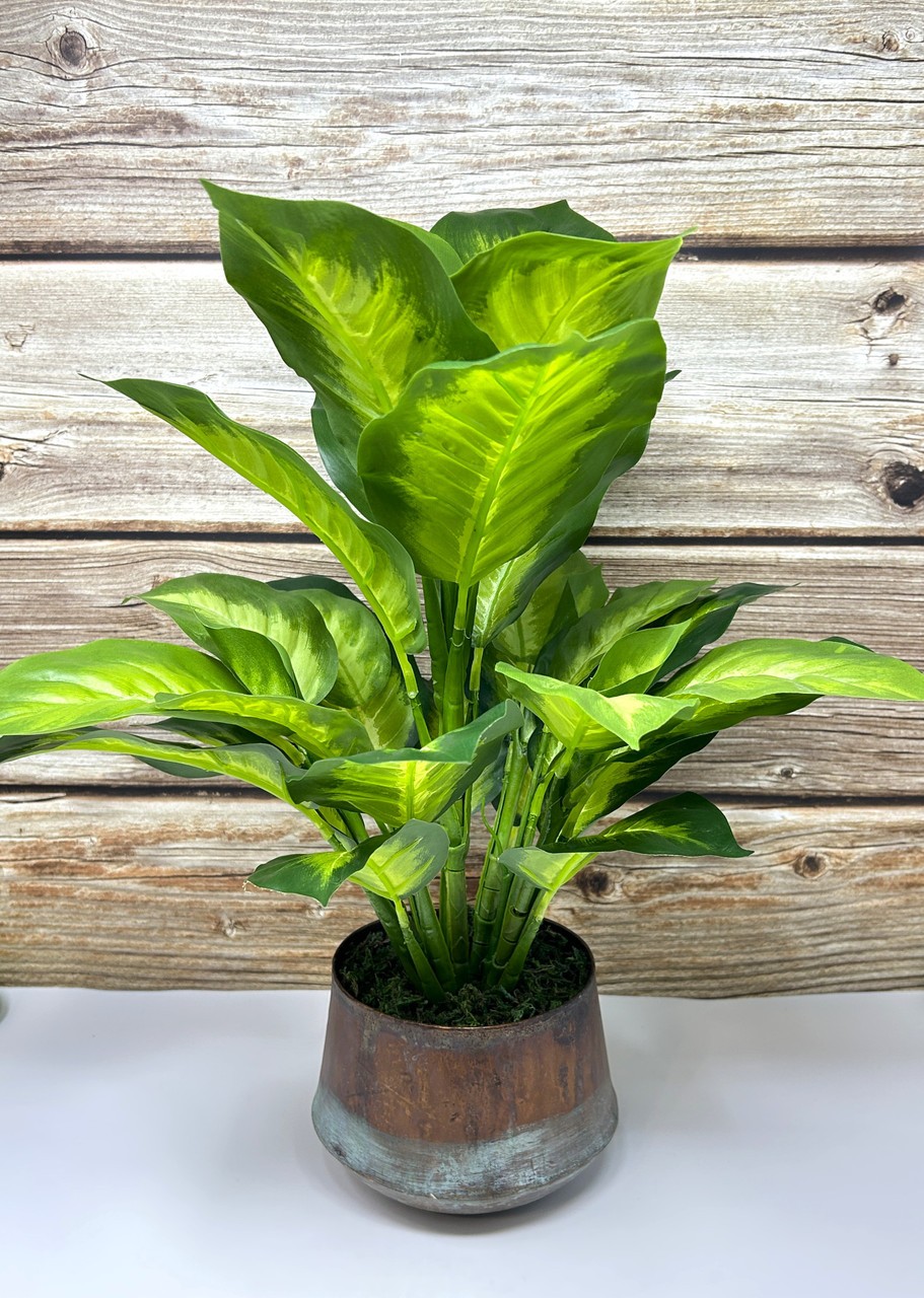 18″ Lg Artificial AGLAONEMA DIEFFENBACHIA faux Silk plant in Copper Pot