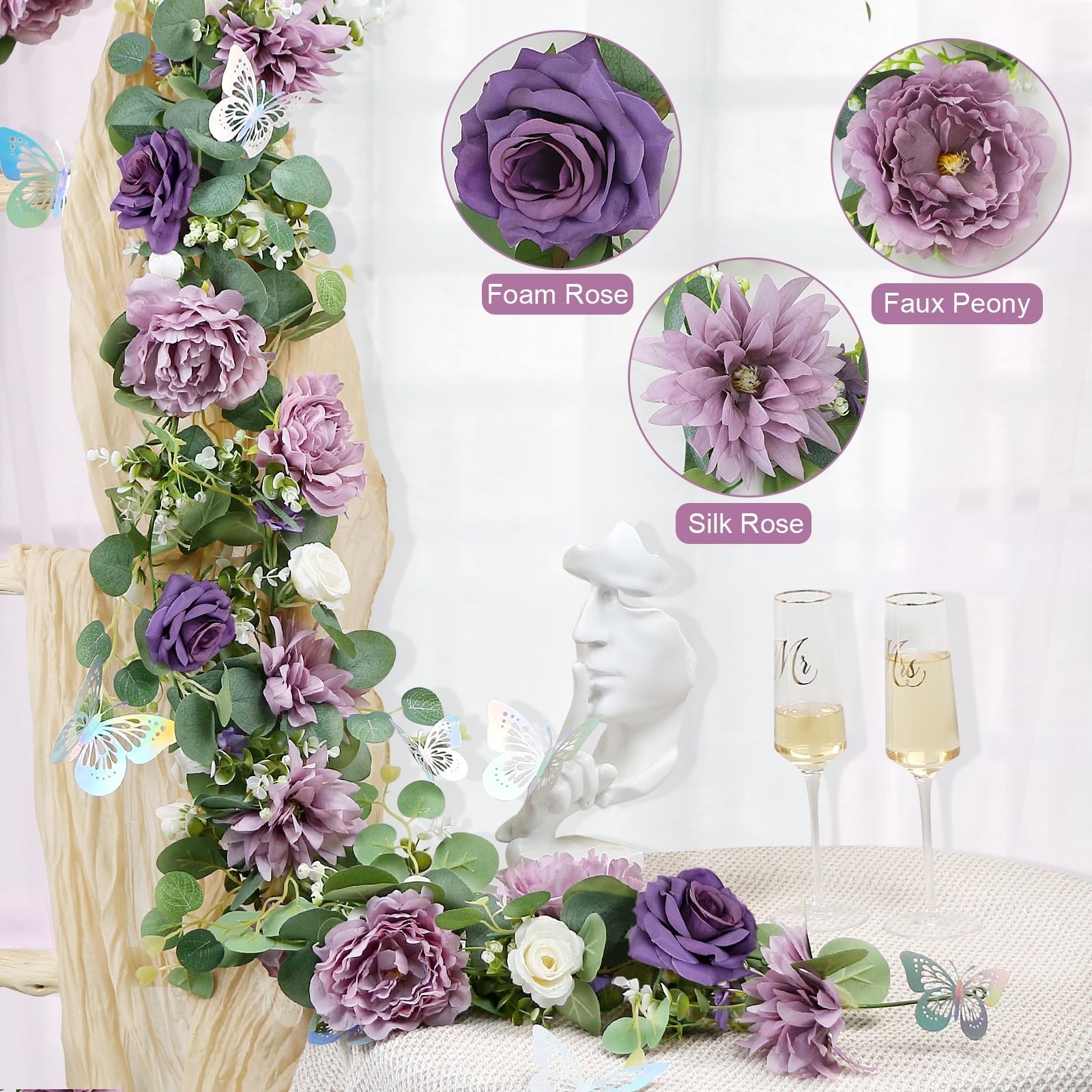 HOMENERGY 4 Pack 5.9 FT Artificial Flower Garland – Light Purple & Purple