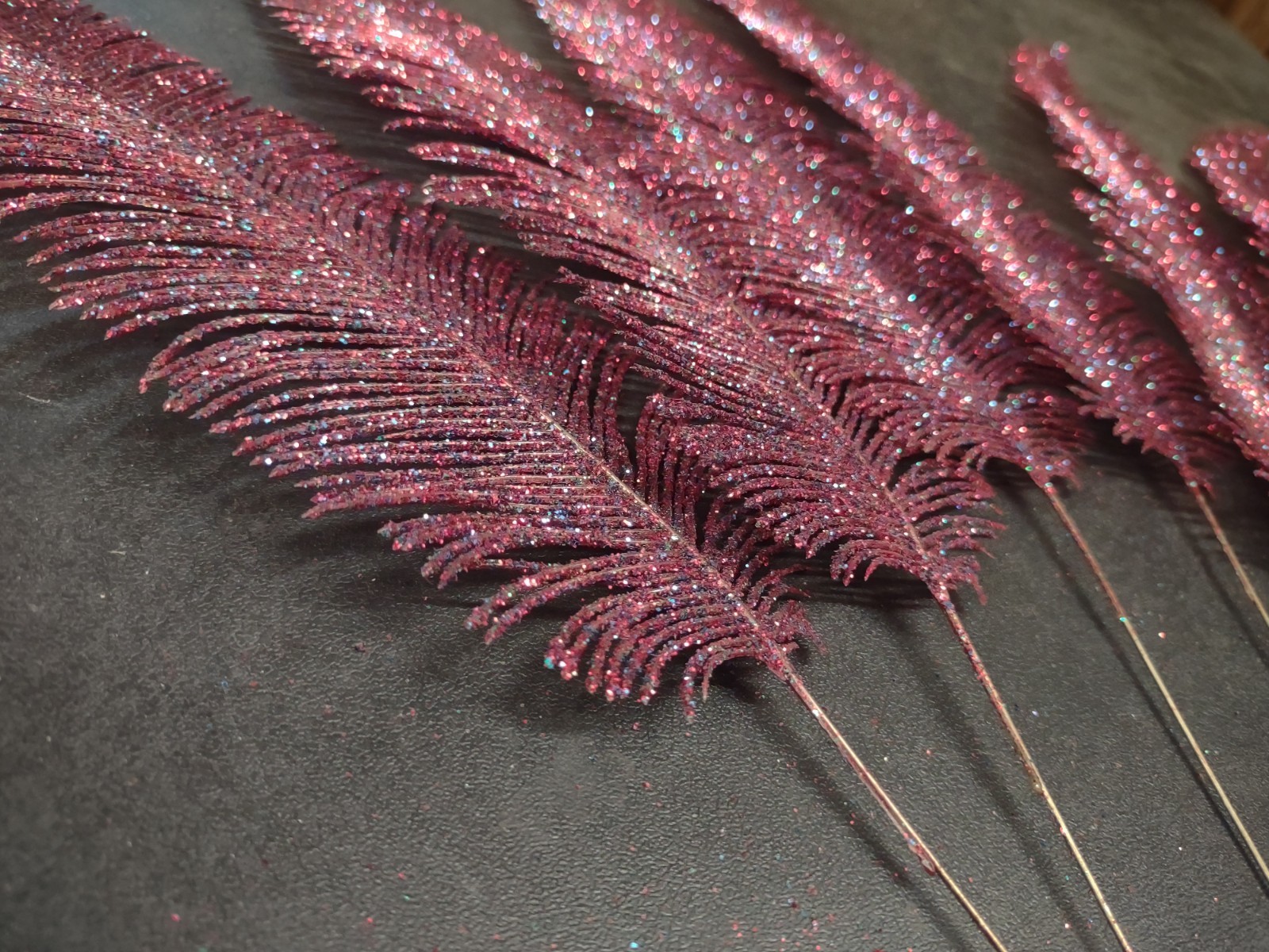 6 Pieces: Retro Plastic Feather Fern, Purple Red & Blue Glittered, Wired 15″