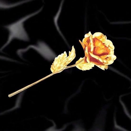 Golden Rose Flower with Golden Leaf and Black Velvet Box