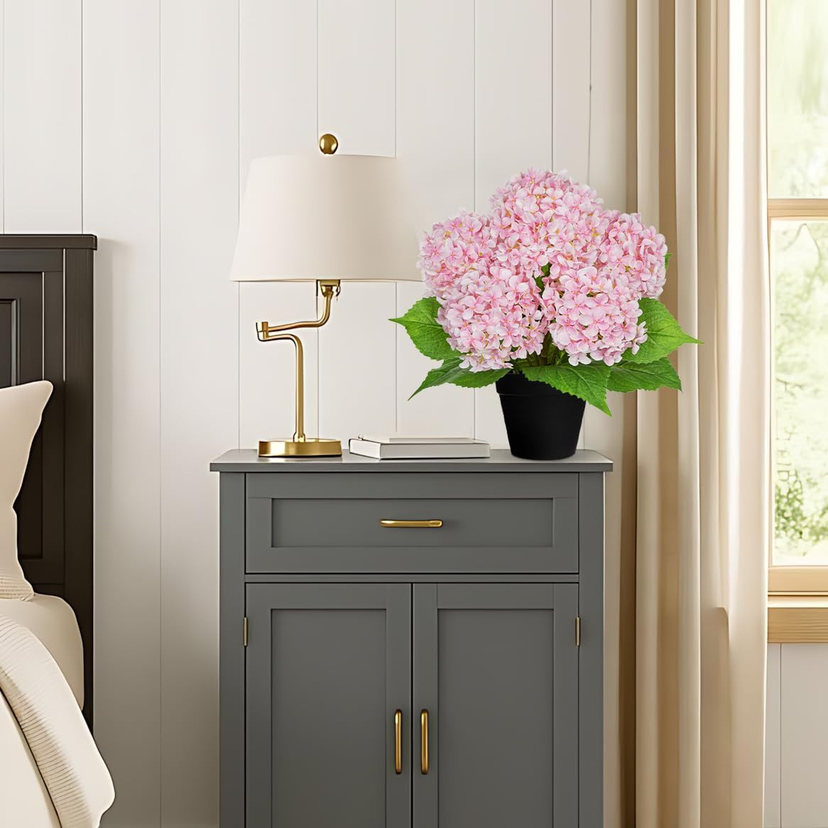 Realistic 18″ Pink Hydrangea Plant in Black Pot for Home & Outdoor Decor