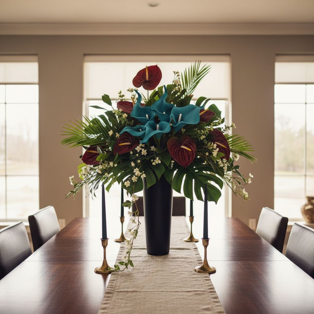 Teal Calla Lily Stems Faux Floral Bouquet Peacock Blue Flowers 5 Stem Bunch Mode
