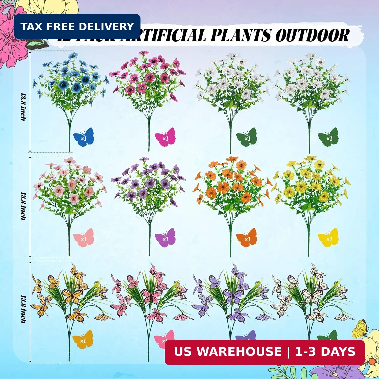 Der Rose 12Pcs Artificial Flowers for Outdoors with Large Fake Butterfly Flowers