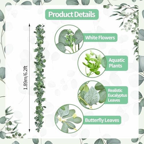 6.2ft Artificial Eucalyptus Garland with Butterfly Leaves and White Green
