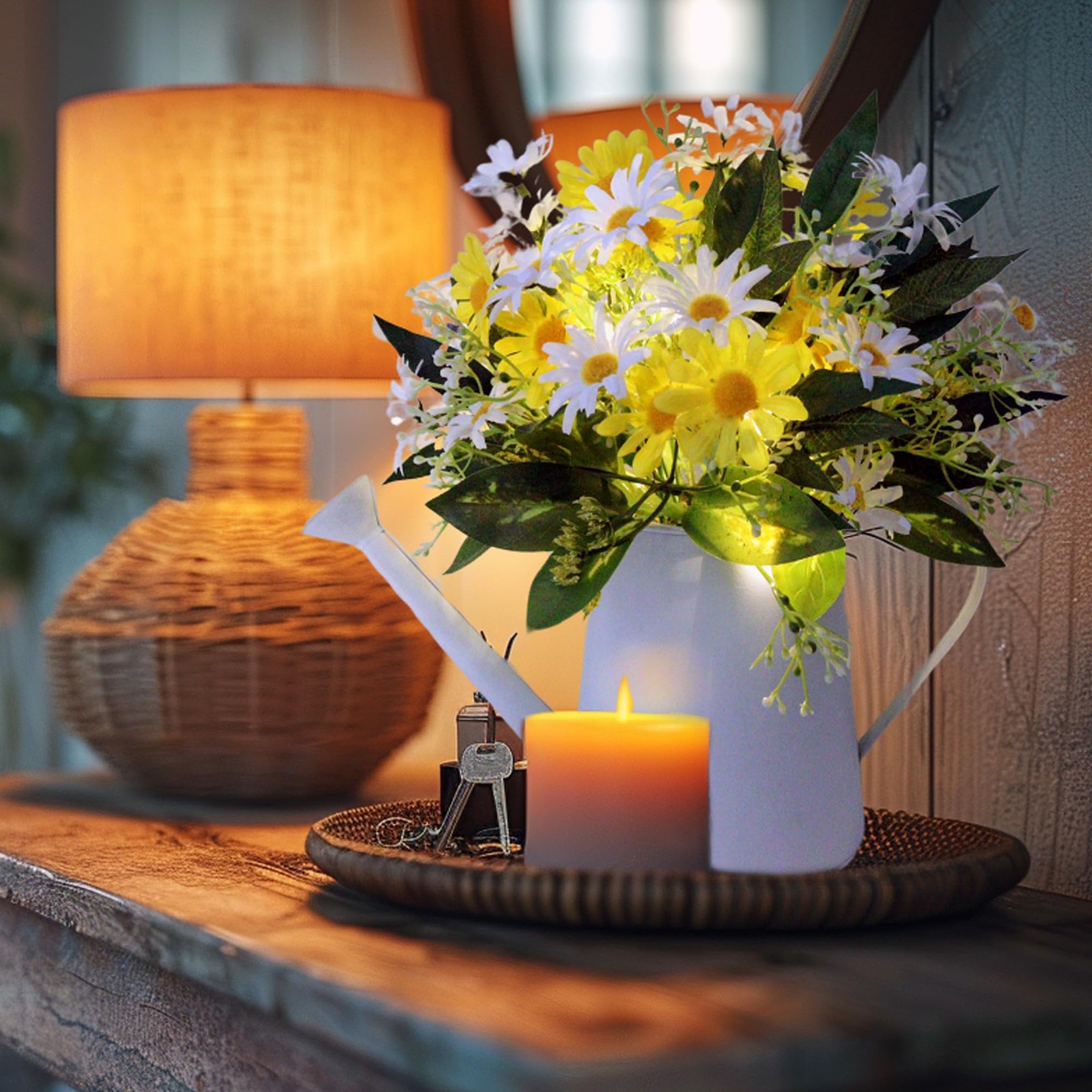 Eksen Artificial Daisy Flowers in Metal Pot with LED Lights & Timer – Silk Fl…