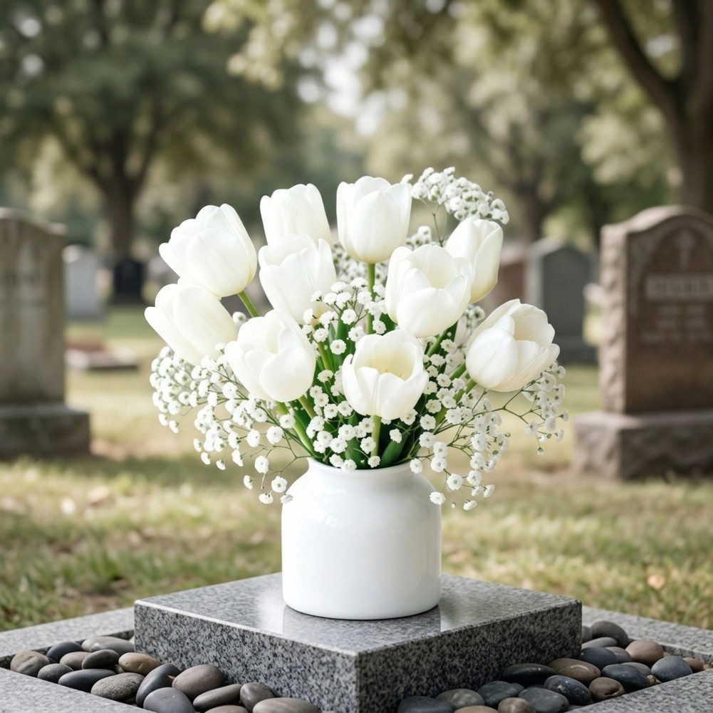 White Plastic Flower Bouquet 20 Stems with 10 Baby’s Breath 35cm 13.77in