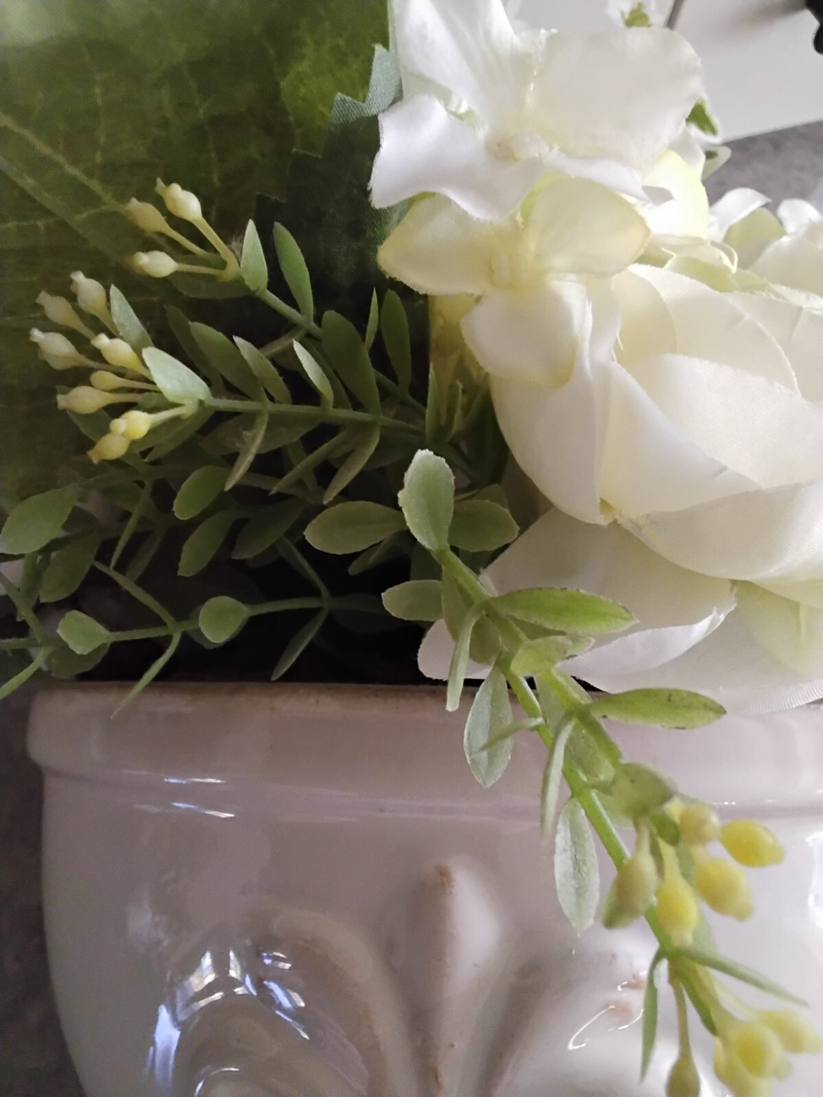 White on White Artificial Roses & Hydrangeas with Greens in Ceramic Cream Pot