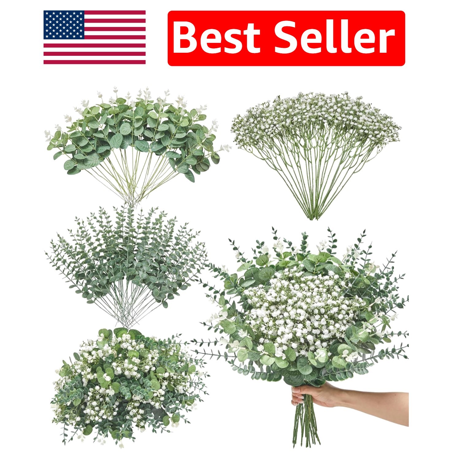 100 Pcs Adjustable Mixed Eucalyptus Stems with Lifelike Baby Breath for Weddings
