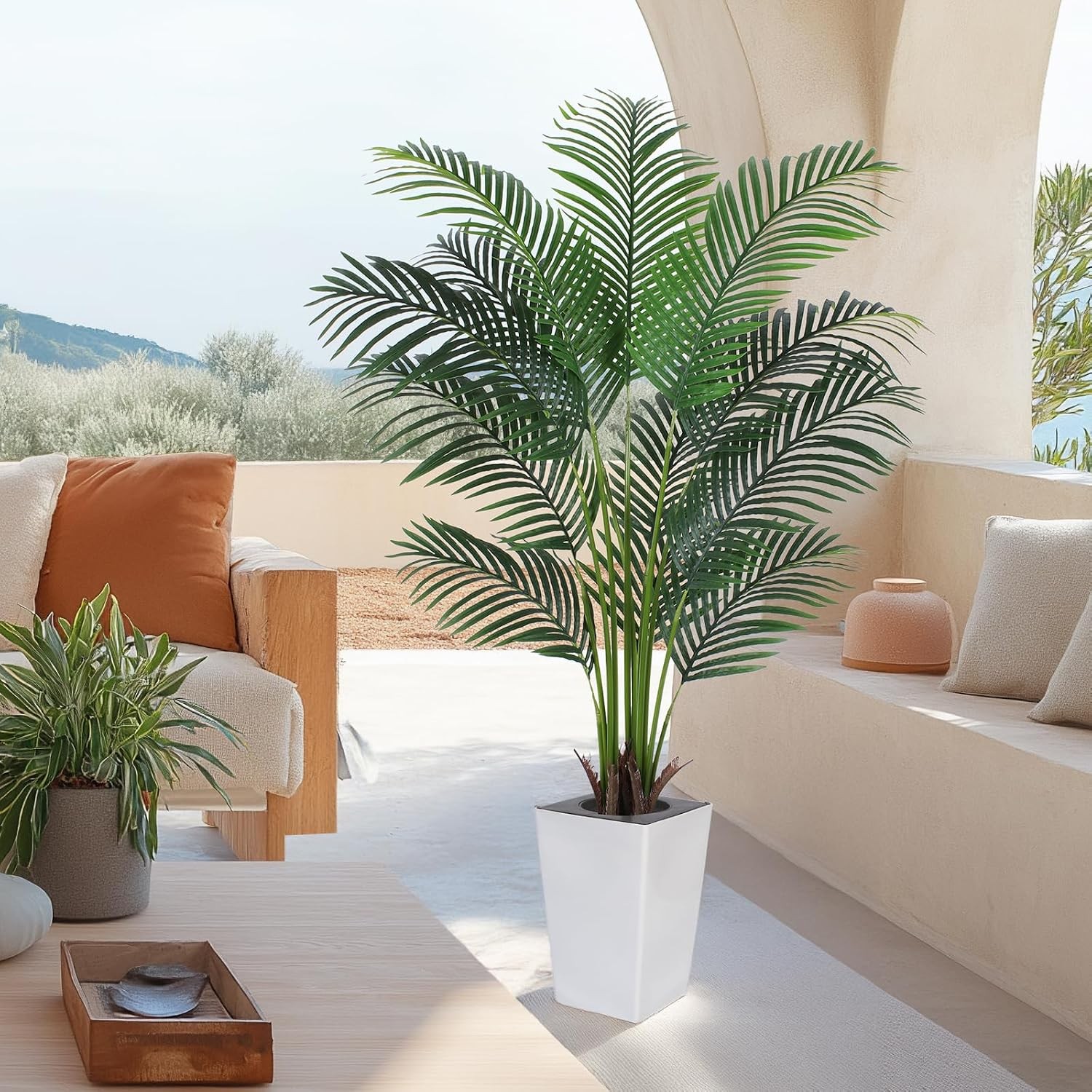 Artificial Palm Tree with White Tall Planter, 5Ft Tall Potted Artificial Silk Pa