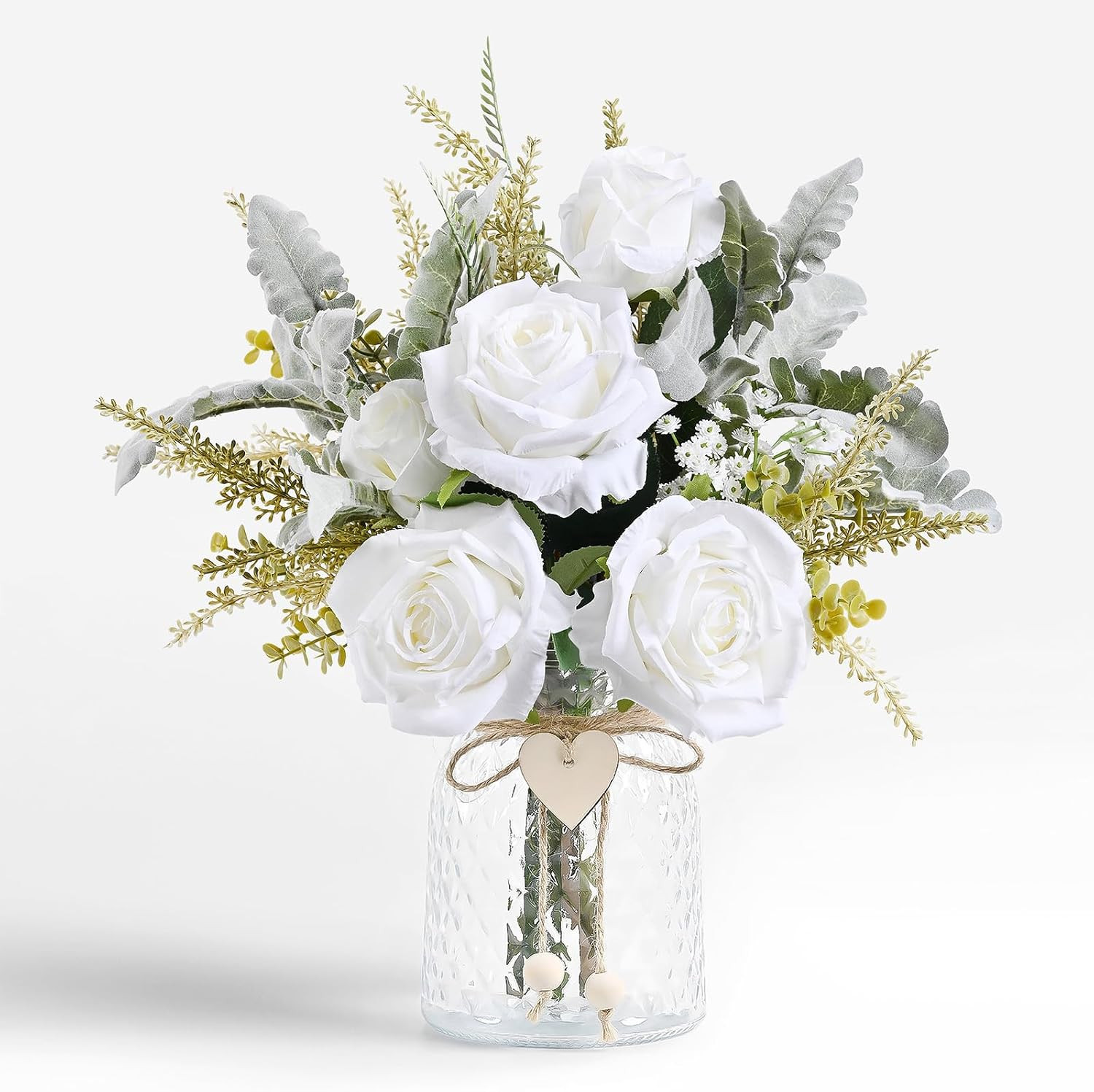 Artificial White Rose in Vase Faux Flowers for Home Decor Table Centerpiece | FL