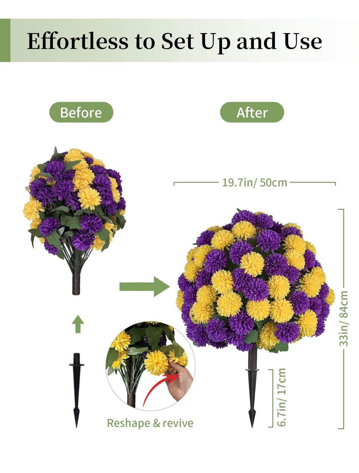 Faux Mums Flower with Stakes for Outdoor Planters, Set of 2, Large