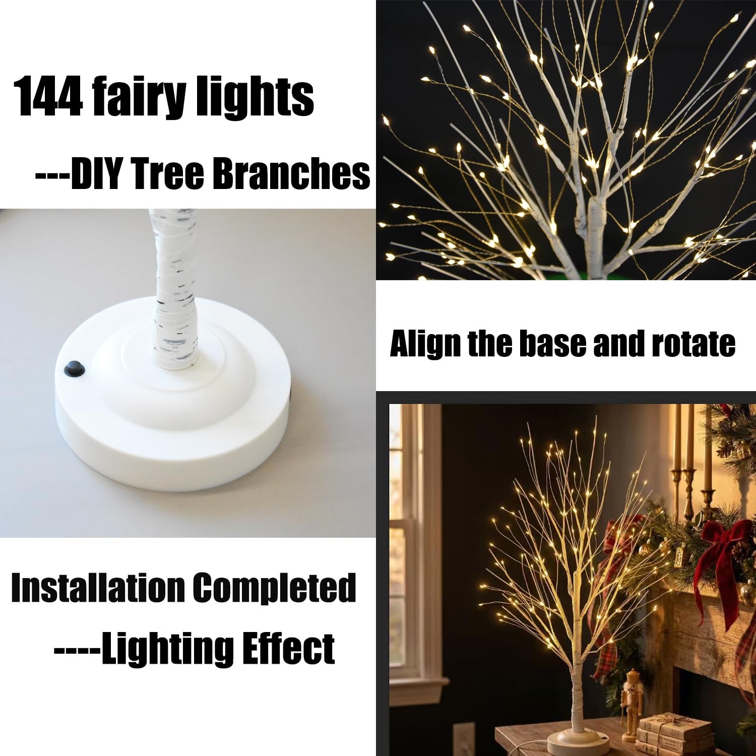 2Ft 144 LED Artificial Birch Bonsai Tree Lamp Warm White Fairy Light USB