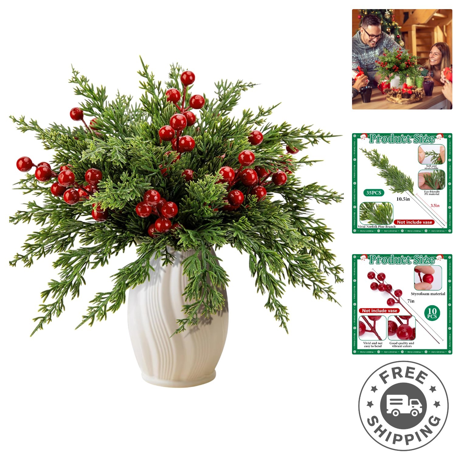 Realistic 45 Pcs Pine Branches with Red Berries – Indoor/Outdoor Holiday Decor