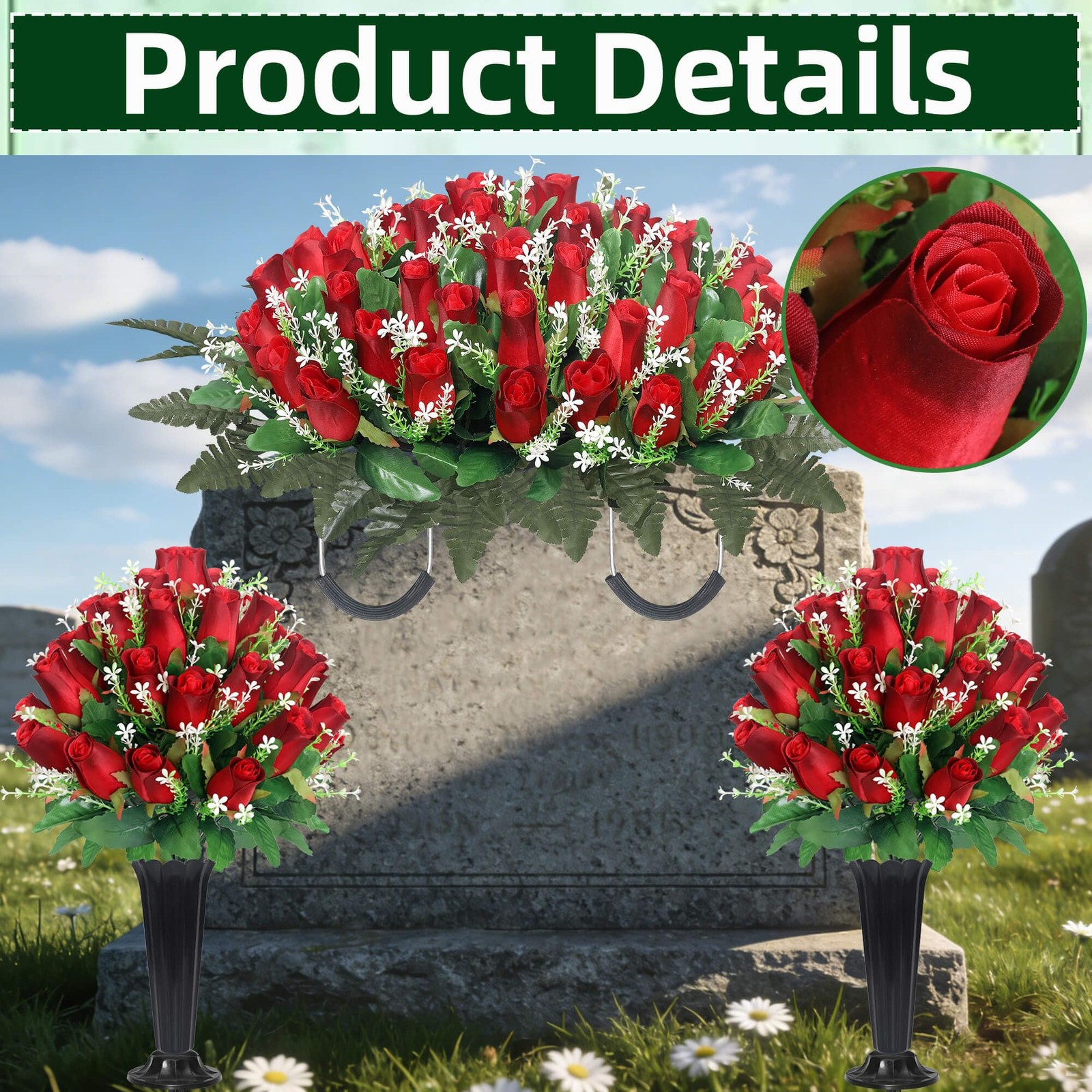 Cemetery Flowers for Grave,Headstone Flower Saddle with 2 Sets Grave Rose Flo…