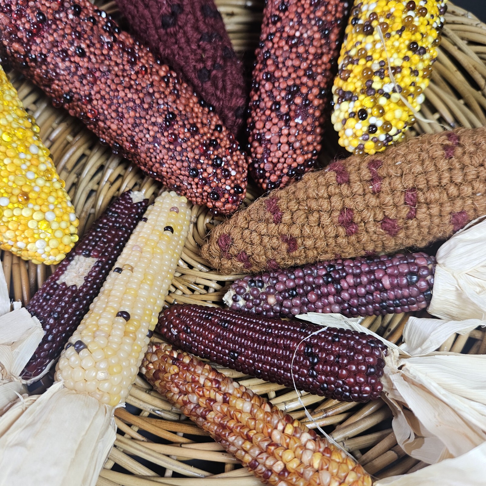 Beaded Indian Corn Cob Mix Lot Styrofoam Acrylic Yarn Thanksgiving Autumn Decor