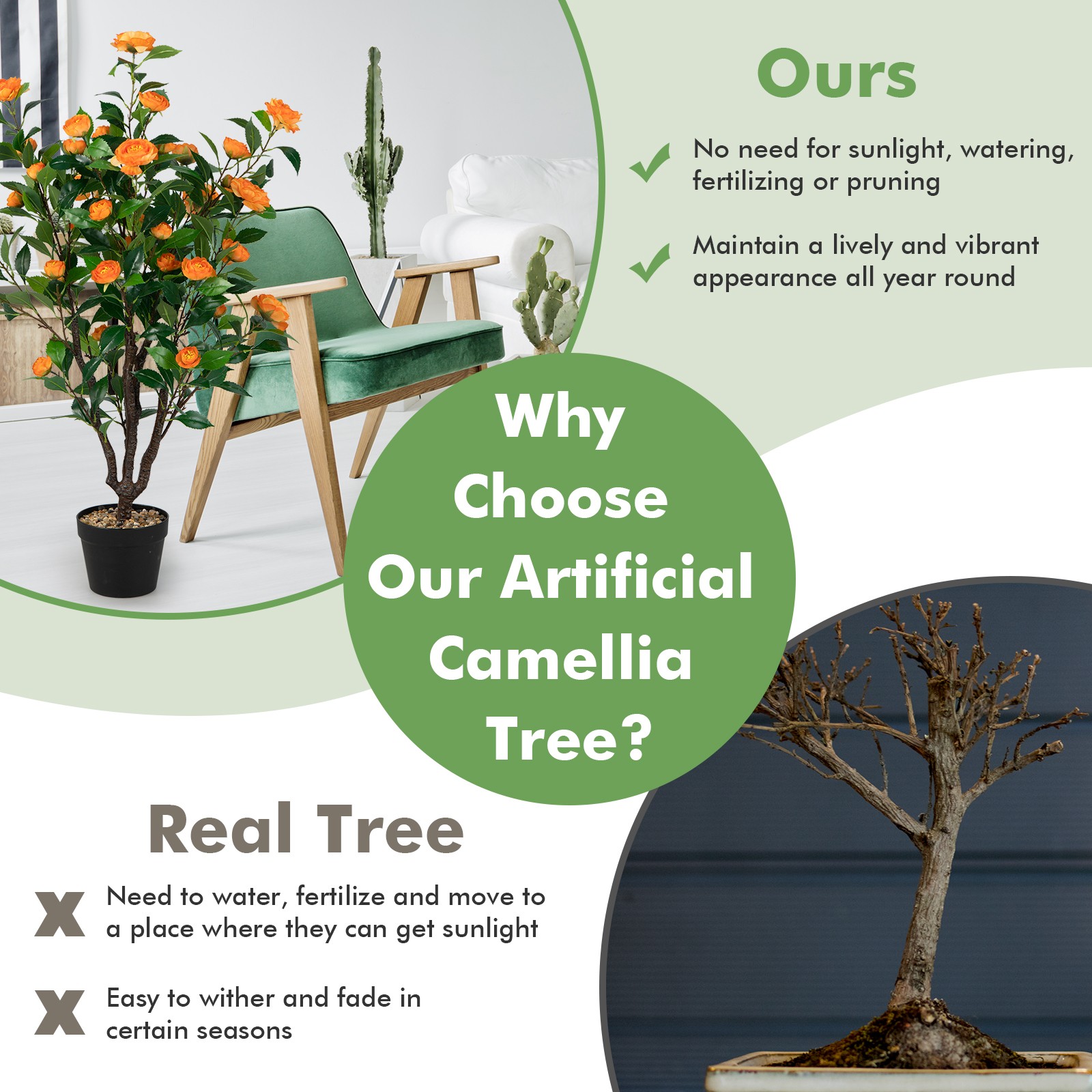 3.3 FT Artificial Tree Artificial Camellia Tree Faux Plant for Indoor & Outdoor