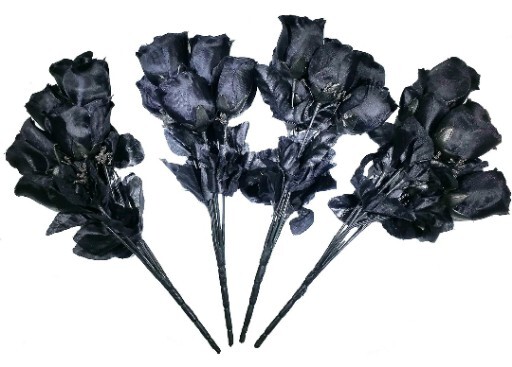 4 Open Black Roses Bouquets Silk Flowers 7 Buds 12 Inches Goth Halloween 👻 🎃