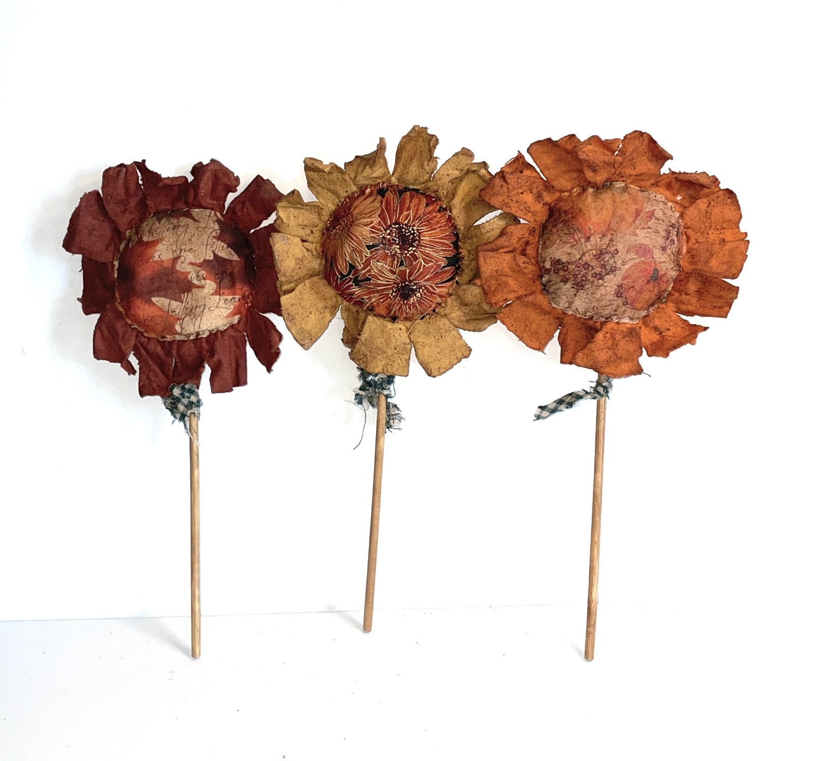 3 Handmade Primitive-Style Fabric Sunflower Floral Picks 12-13″