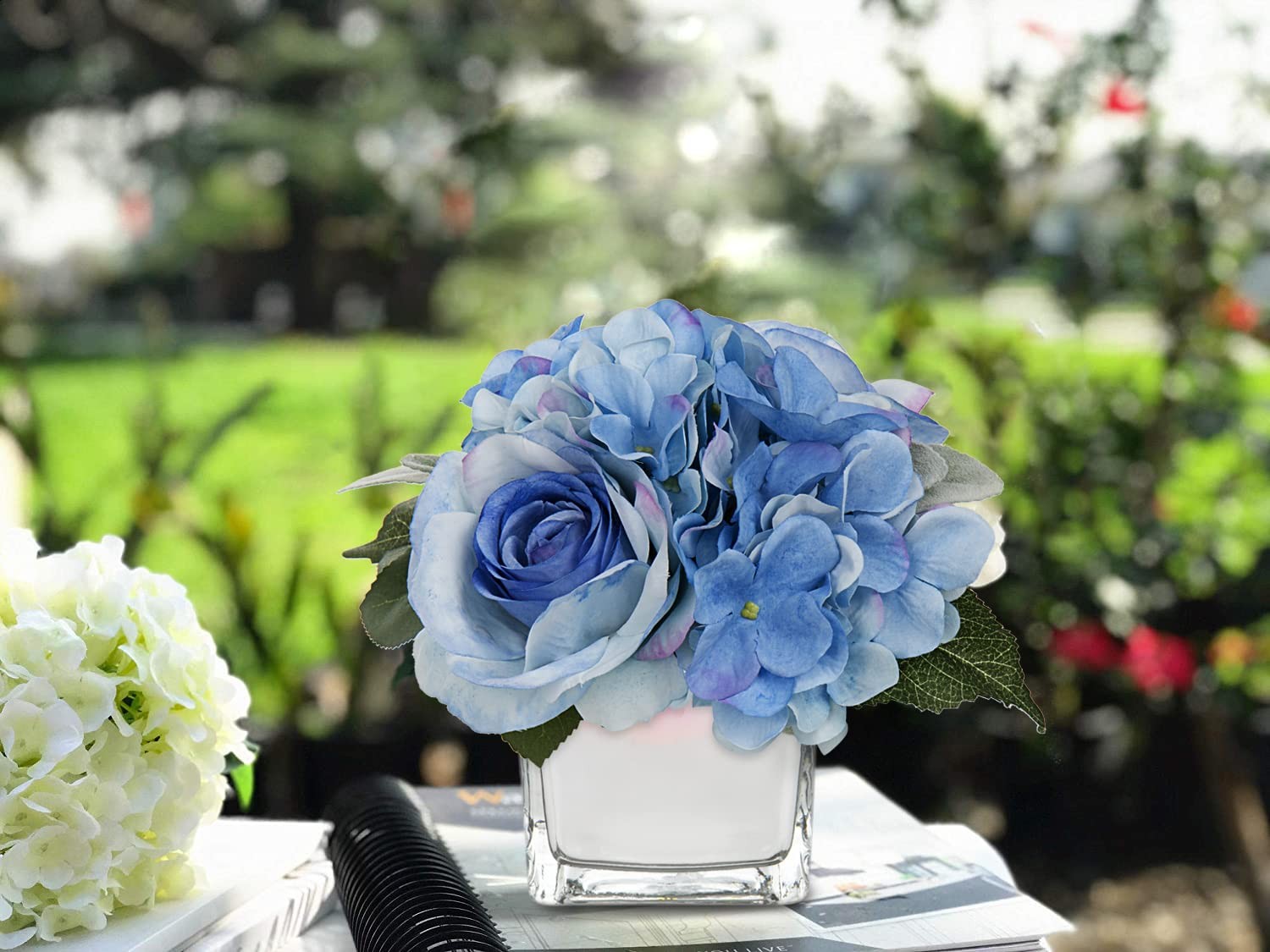 Artificial Flowers in Vase Fake Silk Hydrangea Rose Flower Arrangement Faux P…