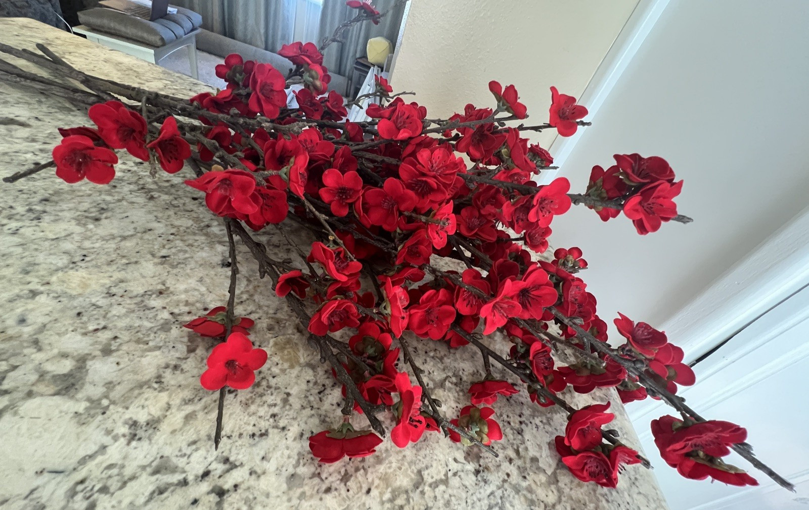 6 Stems Artificial Deep Red Cherry Blossom Branches Faux Flower Velvet-Like