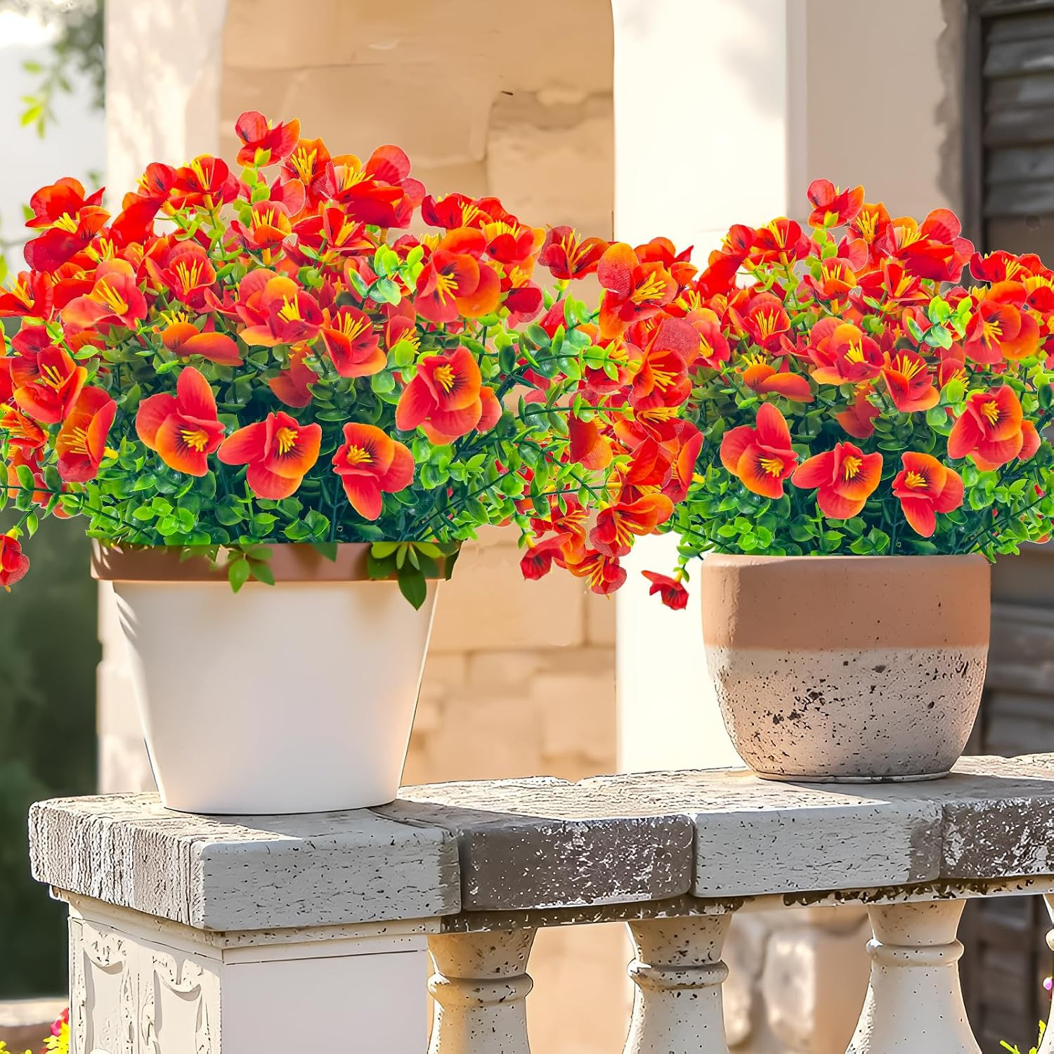 UV Resistant Faux Outdoor Flowers – 20 Bundles of Orange Red Shrubs