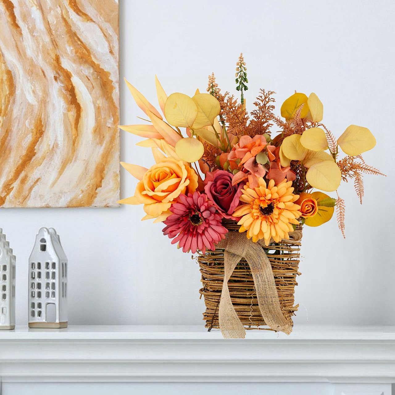 Artificial Flower with Hanging Basket for Wall Decor, Autumn Decoration Faux